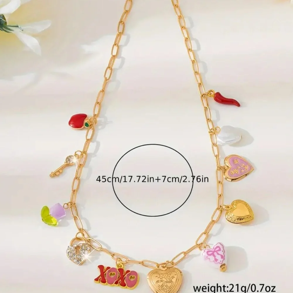NEW Gold Heart Charm Necklace with Retro Y2K Pendants